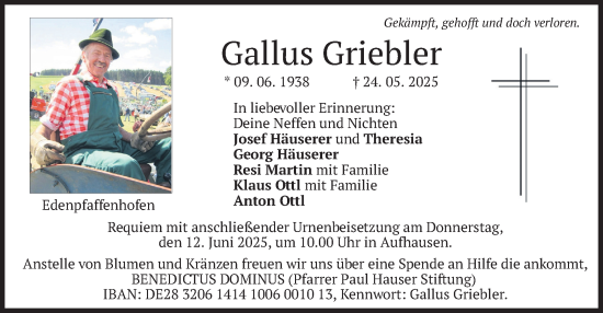 Todesanzeige von Gallus Griebler von merkurtz