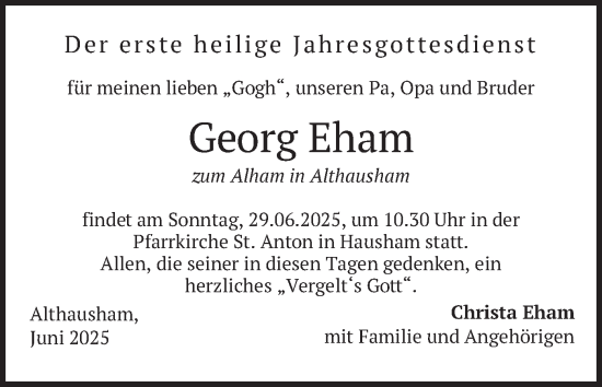 Todesanzeige von Georg Eham von merkurtz