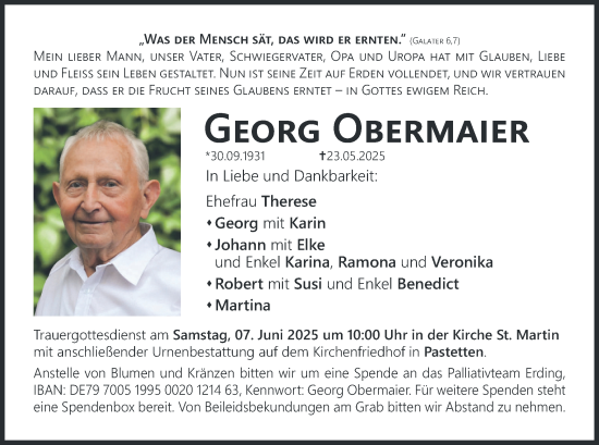 Todesanzeige von Georg Obermaier von merkurtz