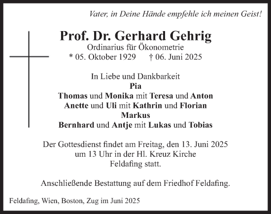 Todesanzeige von Gerhard Gehrig von merkurtz