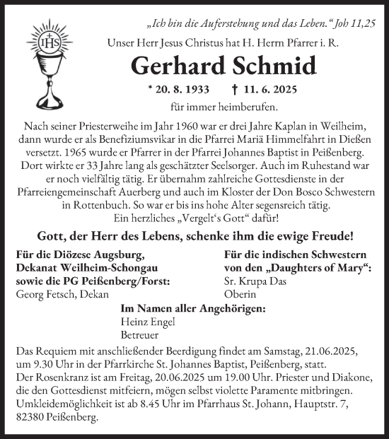 Todesanzeige von Gerhard Schmid von merkurtz