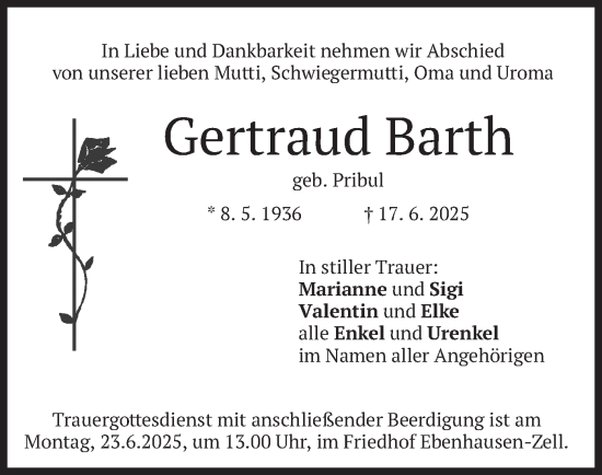 Todesanzeige von Gertraud Barth von merkurtz