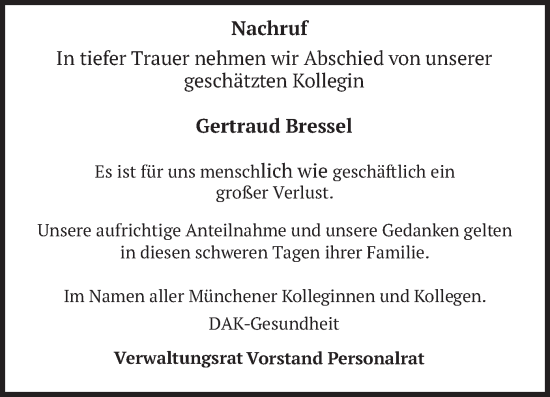 Todesanzeige von Gertraud Bressel von merkurtz