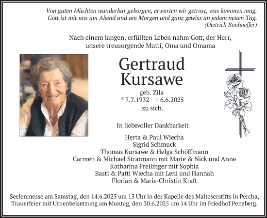 Todesanzeige von Gertraud Kursawe von merkurtz