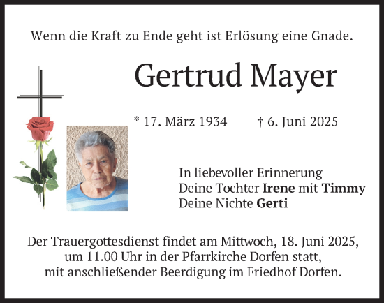 Todesanzeige von Gertrud Mayer von merkurtz