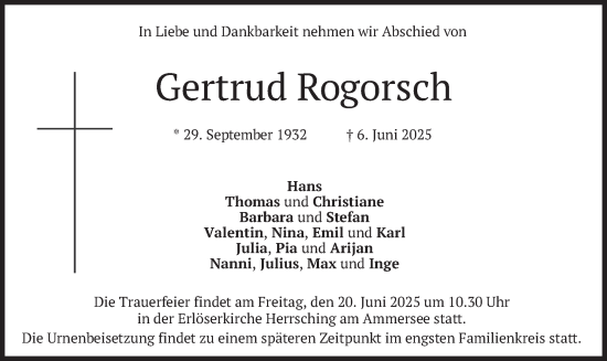 Todesanzeige von Gertrud Rogorsch von merkurtz