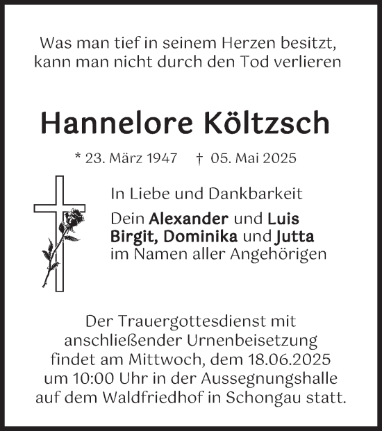 Todesanzeige von Hannelore Költzsch von merkurtz