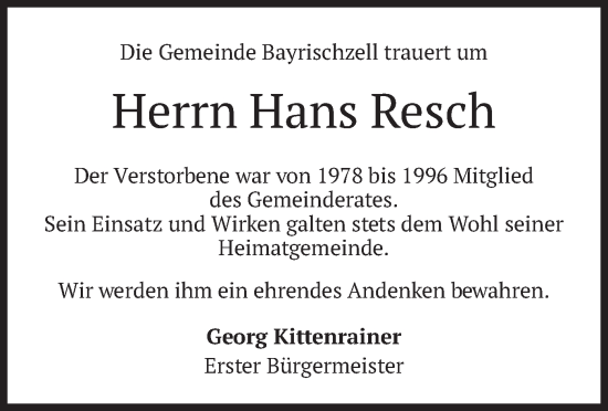 Todesanzeige von Hans Resch von merkurtz