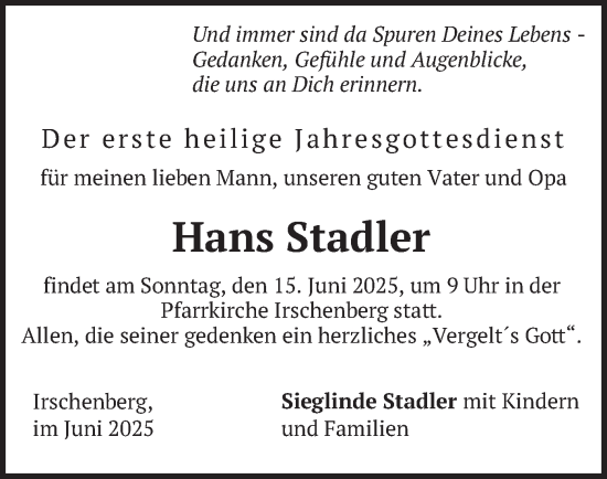 Todesanzeige von Hans Stadler von merkurtz