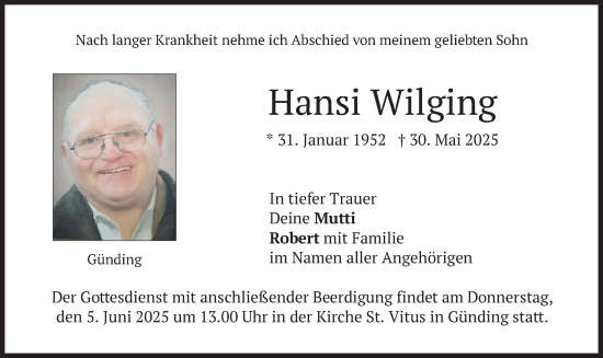 Todesanzeige von Hansi Wilging von merkurtz