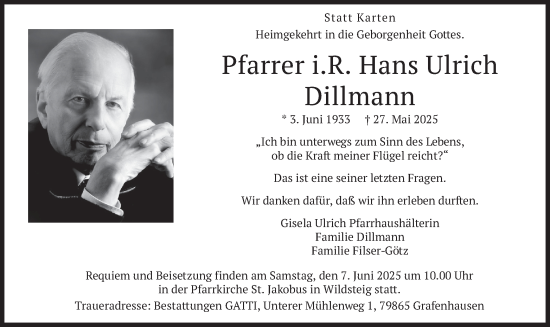 Todesanzeige von Hans Ulrich Dillmann von merkurtz