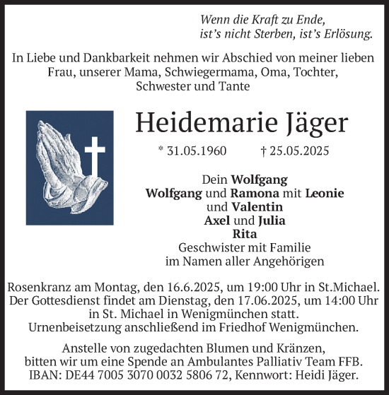 Todesanzeige von Heidemarie Jäger von merkurtz