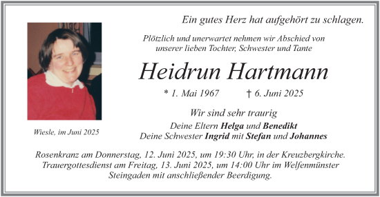 Todesanzeige von Heidrun Hartmann von merkurtz