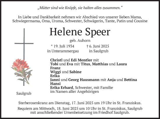 Todesanzeige von Helene Speer von merkurtz