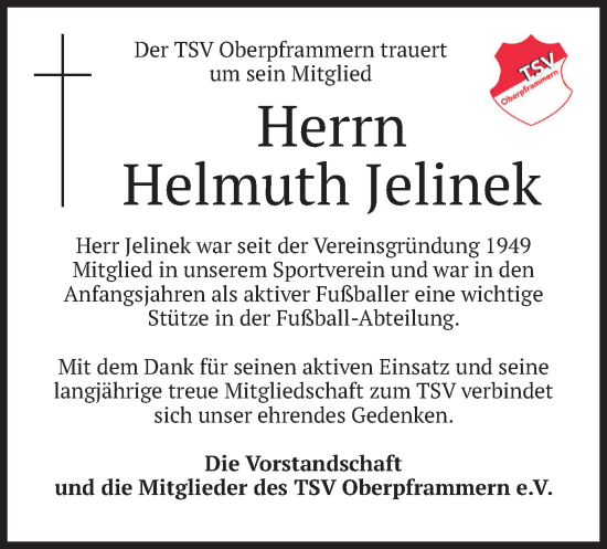 Todesanzeige von Helmuth Jelinek von merkurtz