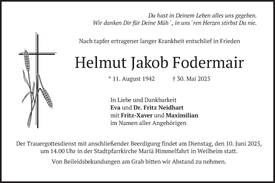 Todesanzeige von Helmut Jakob Fodermair von merkurtz