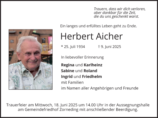Todesanzeige von Herbert Aicher von merkurtz