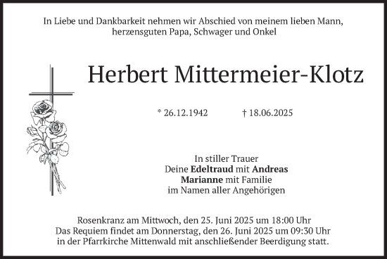 Todesanzeige von Herbert Mittermeier-Klotz von merkurtz
