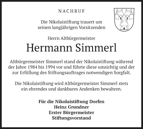 Todesanzeige von Hermann Simmerl von merkurtz