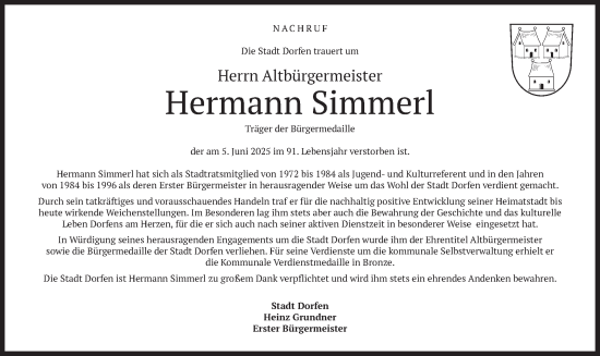 Todesanzeige von Hermann Simmerl von merkurtz