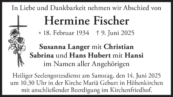 Todesanzeige von Hermine Fischer von merkurtz