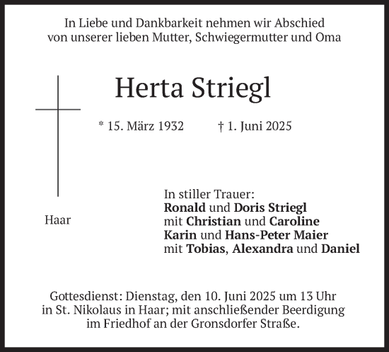 Todesanzeige von Herta Striegl von merkurtz