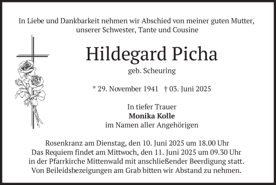 Todesanzeige von Hildegard Picha von merkurtz