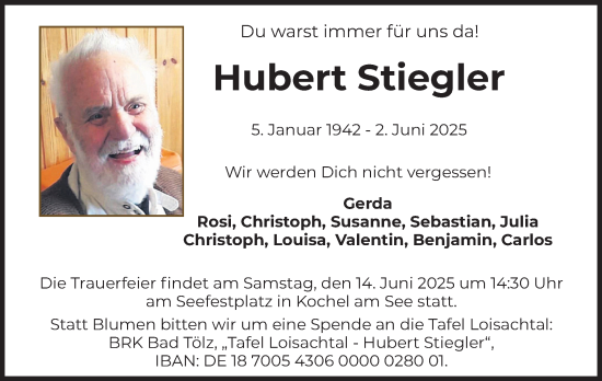 Todesanzeige von Hubert Stiegler von merkurtz