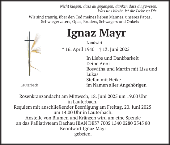 Todesanzeige von Ignaz Mayr von merkurtz