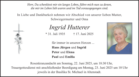 Todesanzeige von Ingrid Hutterer von merkurtz