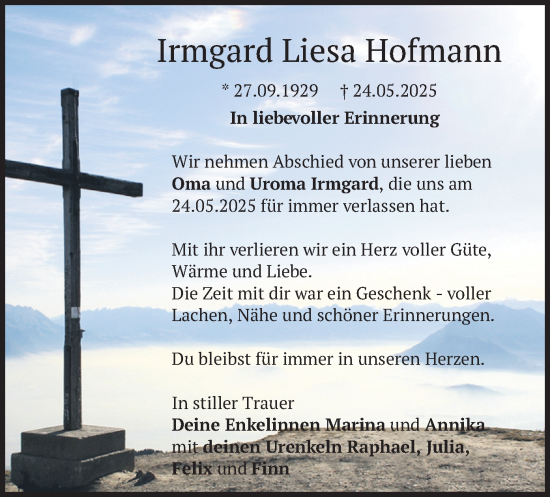 Todesanzeige von Irmgard Hofmann von merkurtz