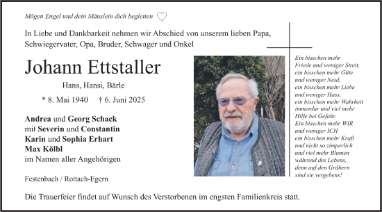 Todesanzeige von Johann Ettstaller von merkurtz