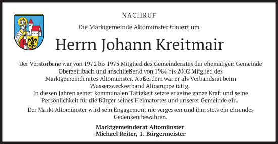 Todesanzeige von Johann Kreitmair von merkurtz