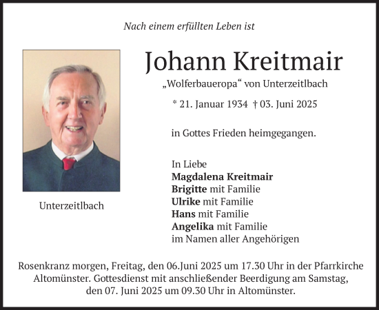 Todesanzeige von Johann Kreitmair von merkurtz