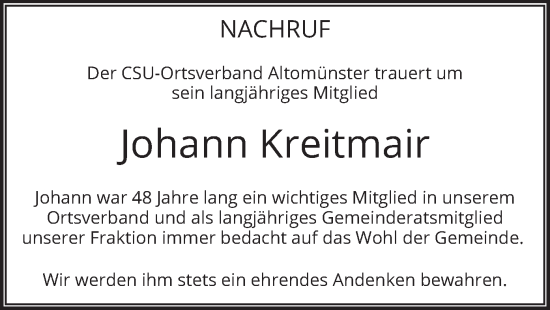 Todesanzeige von Johann Kreitmair von merkurtz