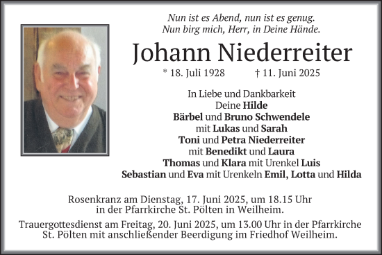 Todesanzeige von Johann Niederreiter von merkurtz
