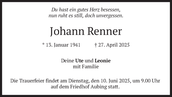 Todesanzeige von Johann Renner von merkurtz
