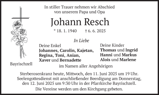 Todesanzeige von Johann Resch von merkurtz