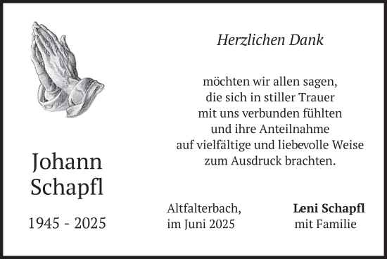 Todesanzeige von Johann Schapfl von merkurtz