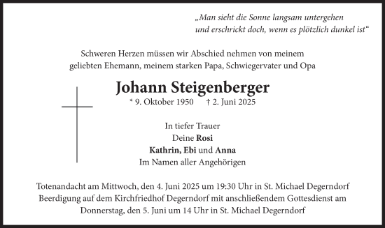 Todesanzeige von Johann Steigenberger von merkurtz