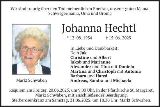 Todesanzeige von Johanna Hechtl von merkurtz