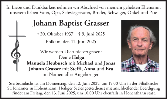 Todesanzeige von Johann Baptist Grasser von merkurtz