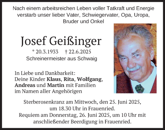 Todesanzeige von Josef Geißinger von merkurtz