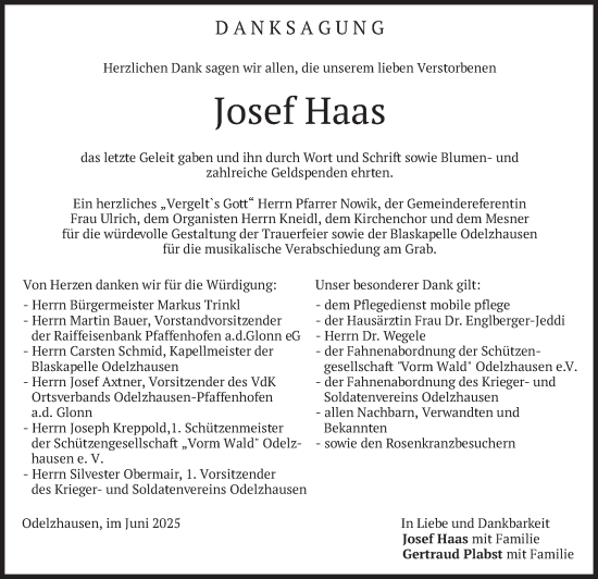 Todesanzeige von Josef Haas von merkurtz