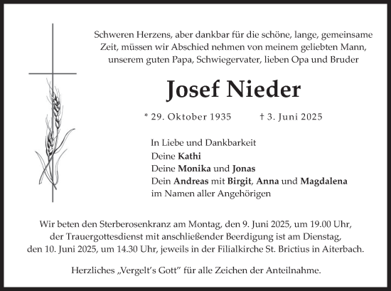 Todesanzeige von Josef Nieder von merkurtz