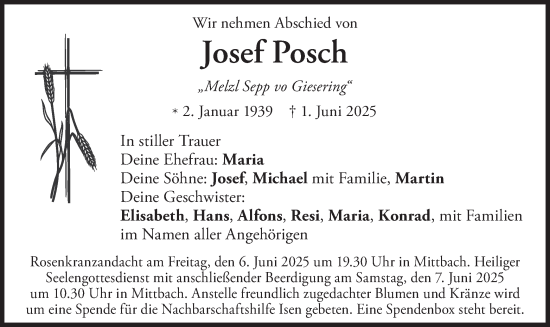 Todesanzeige von Josef Posch von merkurtz