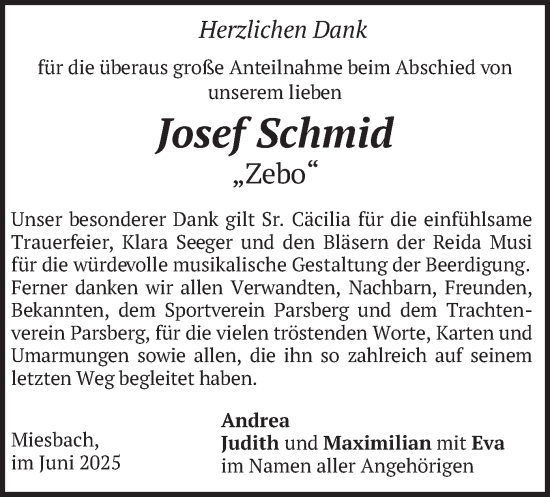 Todesanzeige von Josef Schmid von merkurtz