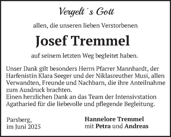 Todesanzeige von Josef Tremmel von merkurtz