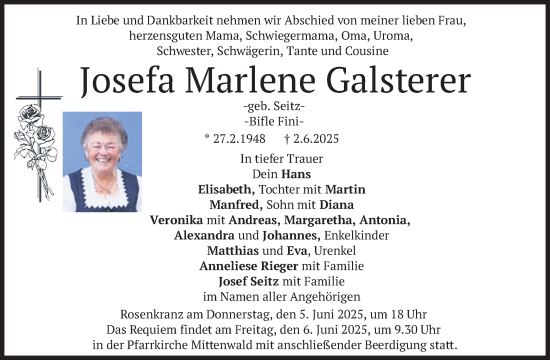 Todesanzeige von Josefa Marlene Galsterer von merkurtz