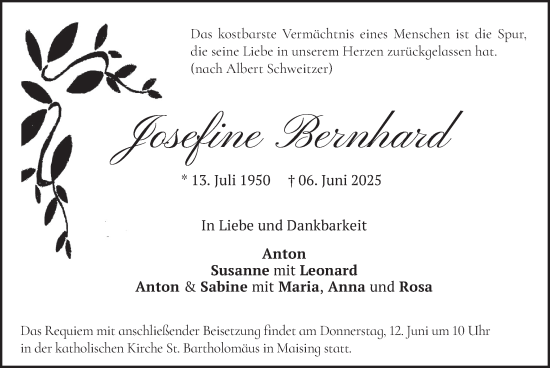 Todesanzeige von Josefine Bernhard von merkurtz